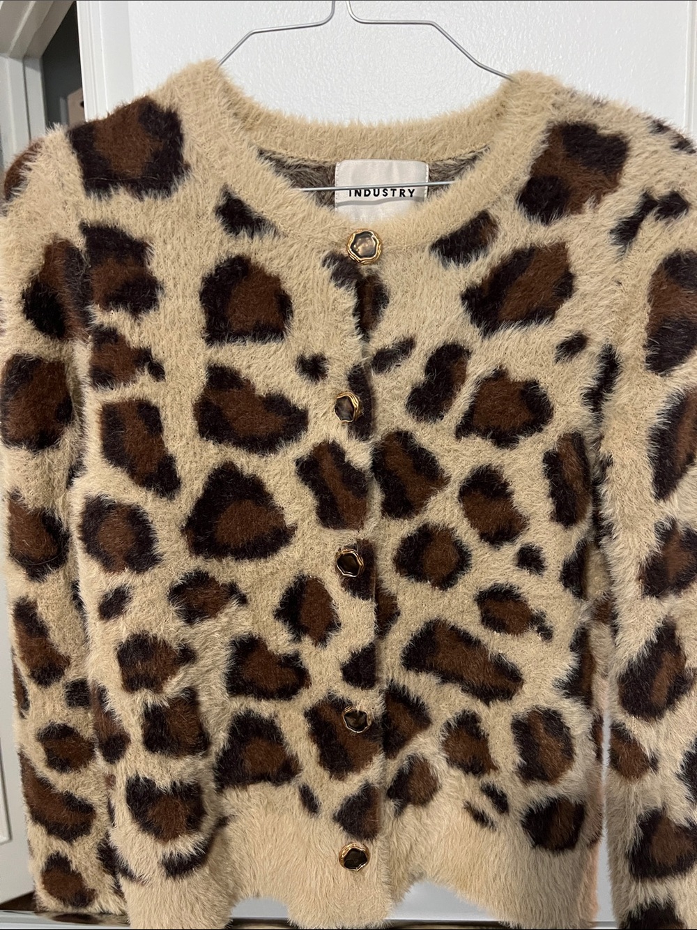 INDUSTRY Leopard Print Fuzzy Cardigan Sweater - Beige/Brown - Picture 8 of 8